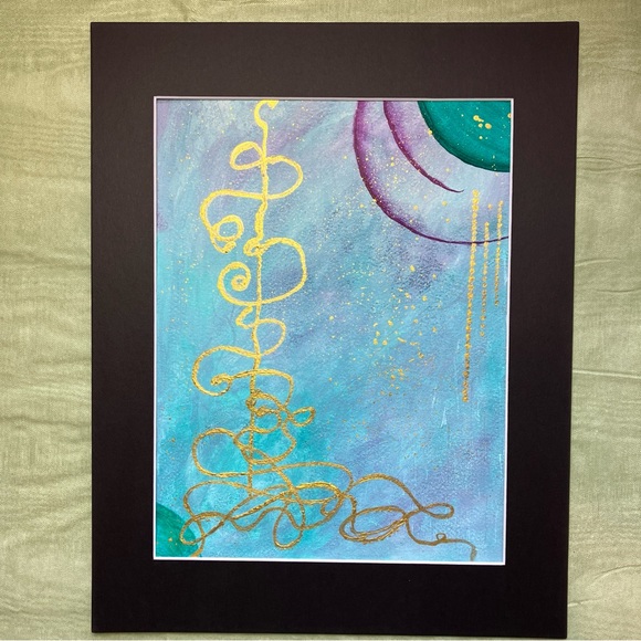 Abstract Original Watercolor Gold Leaf Filigree Green & Purple Painting, 9x12 - Picture 2 of 9